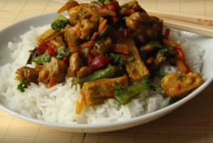 Chicken curry with rice, vegetables