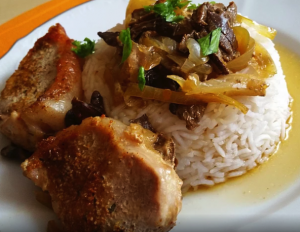 Cutlet on mushrooms and onions with basmati rice